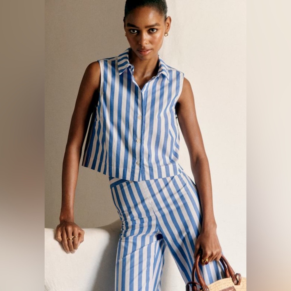 Sezane Harmonie Sleeveless Button-Up Cropped Top in Blue and White Stripes
